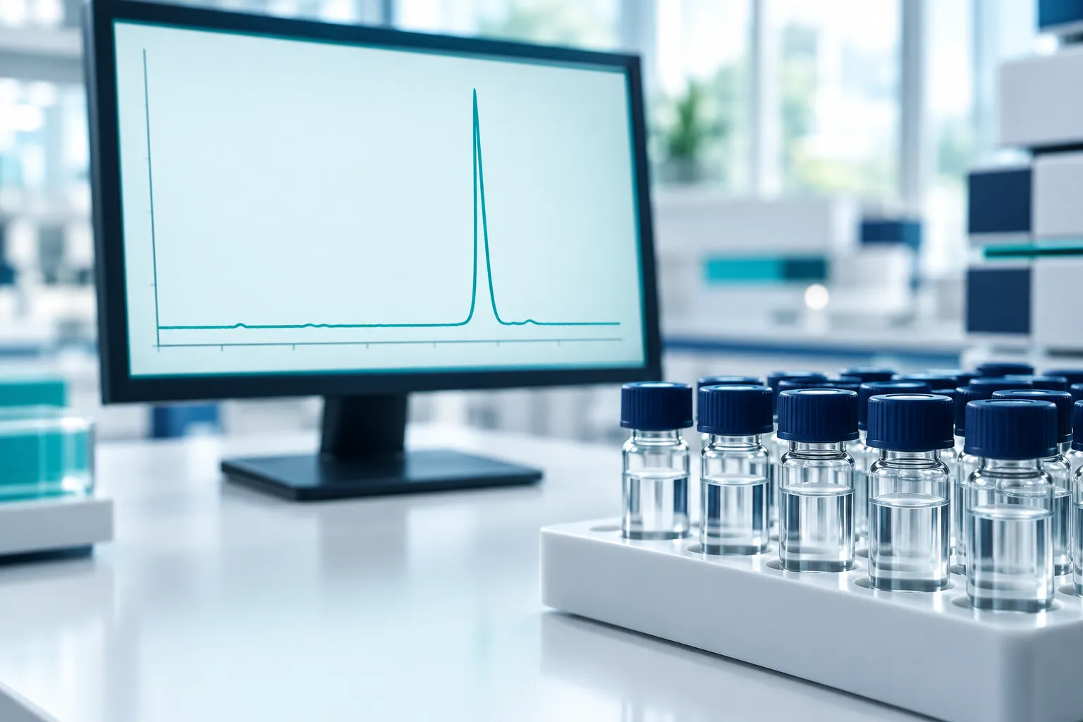 Chromatogram with a single sharp peak on a lab monitor beside a rack of sealed vials
